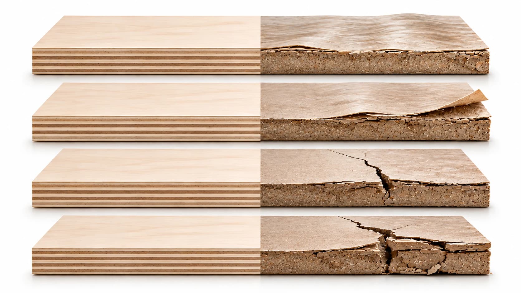 Conceptual illustration comparing a multi-ply board with an ordinary board at four stages of wear — the multi-ply stays flat while the other swells, lifts and cracks. An illustration, not a ten-year physical test.
